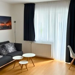 Apartment Bilk 1 – Wohnbereich mit Design Sofa Couchtischen und modernem Arbeitsbereich in Duesseldorf