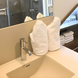 Apartment Morgensonne 4 – Modernes Bad mit Waschtisch und frischen Handtüchern für entspanntes Wohnen auf Zeit