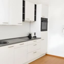 Moderne Einbaukueche im Apartment Hofgarten 0 – Kueche in Weiss mit hochwertigen Geraeten in Duesseldorf