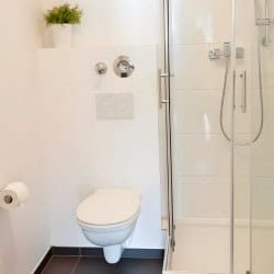 Modernes Bad im Apartment Derendorf 3 – Dusche WC und Handtuchheizkoerper in Duesseldorf